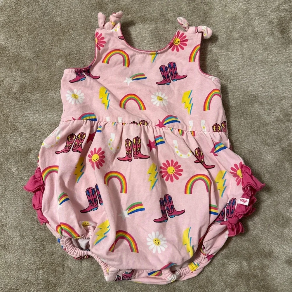 RuffleButts Baby Girls Pink Western Cowboy Boot Rainbow Ruffle Romper 3-6M